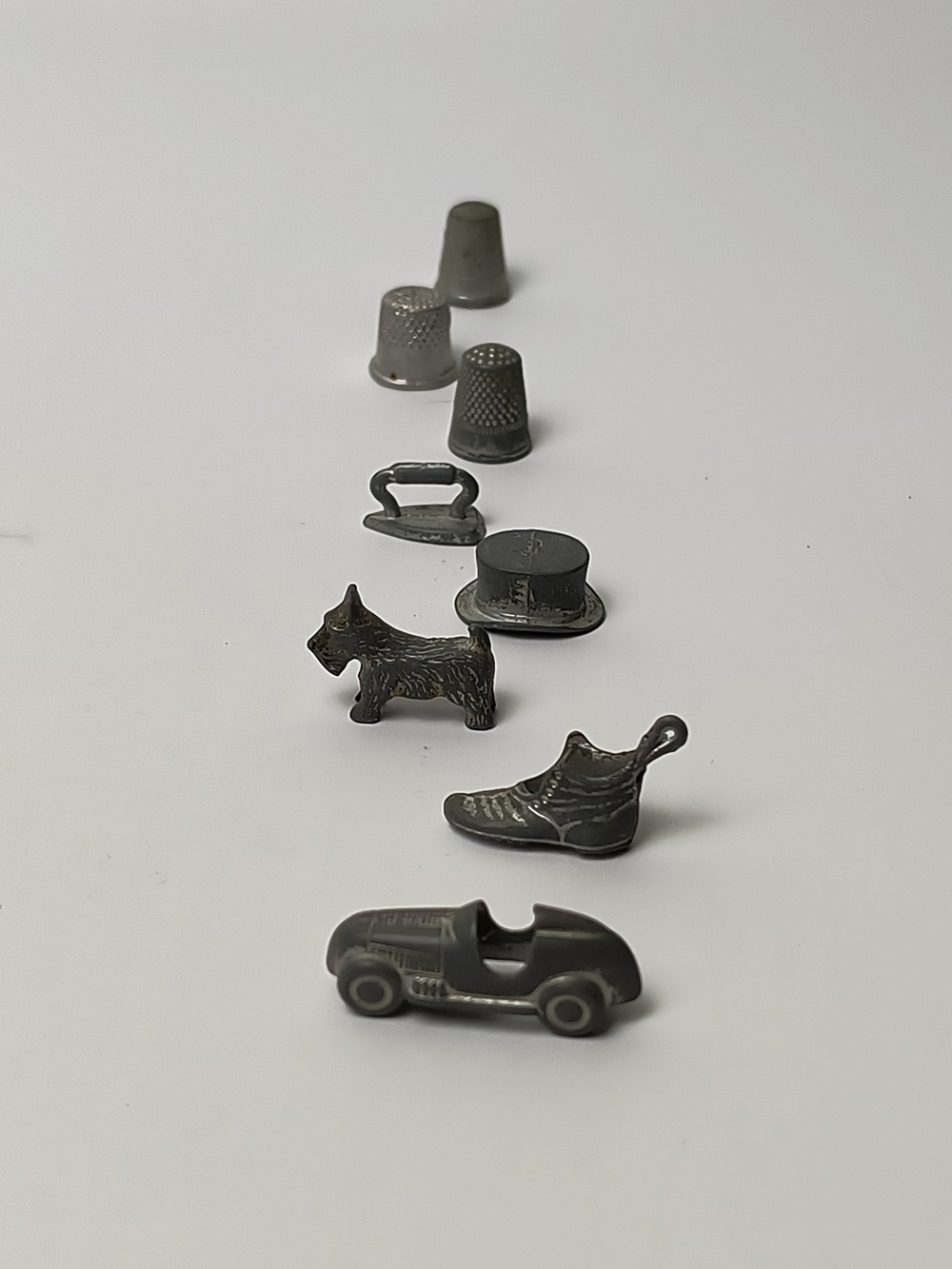 Vintage Metal Monopoly GTokens Set - Silver Tones (Thimble, Dog, Shoe, Car, Hat)
